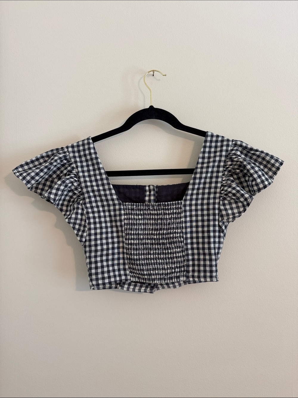 UO Rita Gingham Flutter Sleeve Cropped Top // XS - Picture 4 of 10